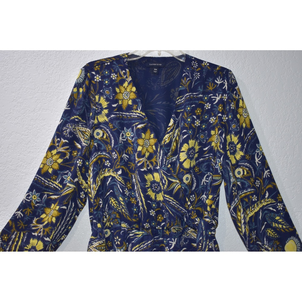 Lands End 16W Dress Floral Paisley Pockets Long Sleeve Comfy Flattering Fit Blue